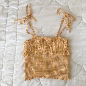 Forever21 Yellow Gingham Smocked Top Shoulder Ties